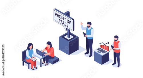 Isometric illustration of business people working together on projects and profit.