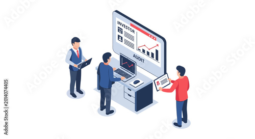 Isometric illustration of business team analyzing financial data on screen.