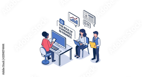 Isometric Illustration of Business Team Analyzing Financial Data and Statistics.