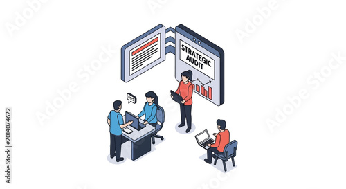 Isometric Illustration of Business Team Analyzing Strategic Results.