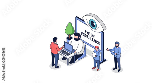 Isometric Illustration of Business Team and Eye of Excellence Concept.