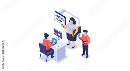 Isometric Illustration of Business Team and Manager with Sign.