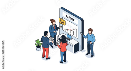 Isometric illustration of business team auditing financial data and reports.