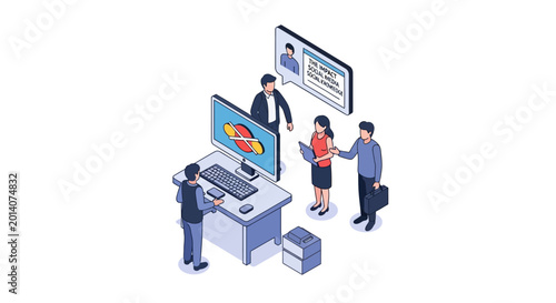 Isometric illustration of business team collaboration and communication.