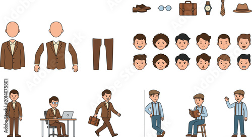 Photos Male character creator vector set with business outfits, facial expressions, acc
