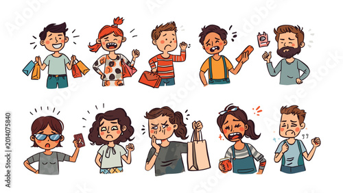Emotional Shopping Spree: Diverse cartoon characters express a range of emotions during a shopping spree, capturing the ups and downs of retail experiences, from joy to frustration.