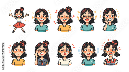 Photos Expression collection : A compilation of hand-drawn character showcasing a range of diverse emotions, from pure joy to surprised face