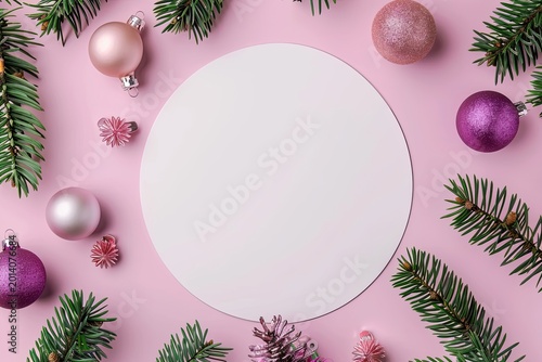 Pink holiday card with ornament border; blank round text space. Invitation use