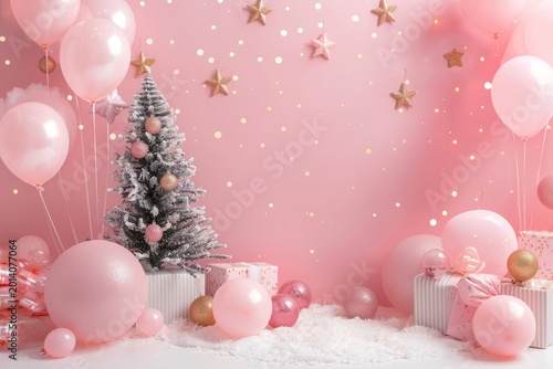 Pink Holiday Presents around tree, balloons, stars bokeh. Party invitation