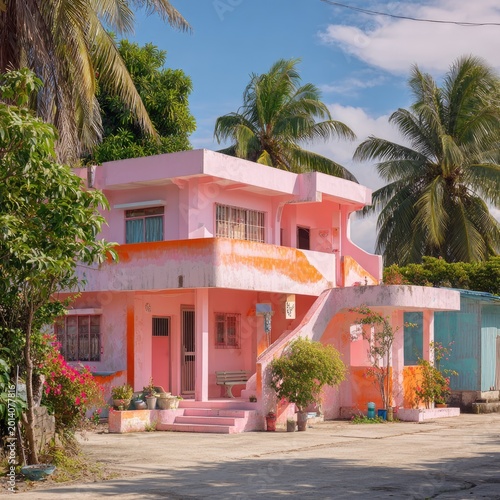 Pink House Exterior in Tropical Locale; Tourism, Architecture, Background of Palms