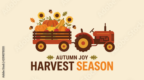 Canvastavla A whimsical illustration of a tractor pulling a cart filled with colorful autumn harvest produce, reflecting the joy and abundance of the harvest season
