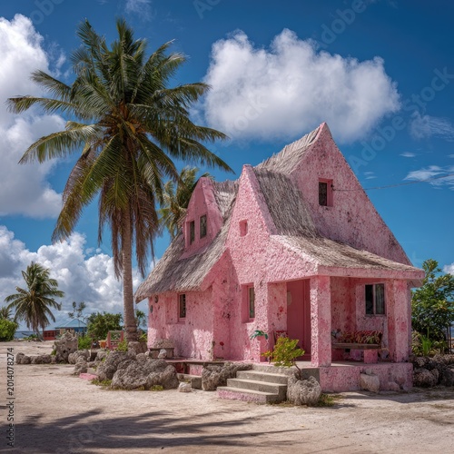 Pink house sits under palm tree; tourist site against cloudy skies. Travel photo