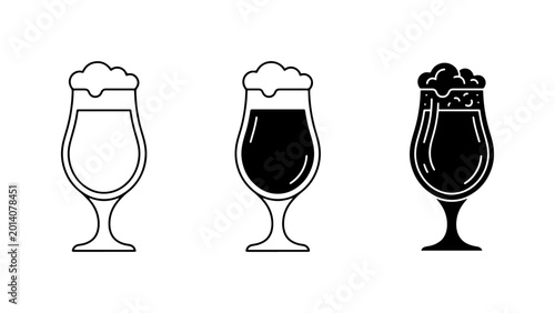 Foto Beer Glass Icons, Set of 3 Vector Illustrations: Outline, Solid Fill, and Frothy