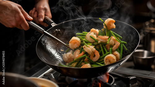 Fotografía Chef cooking shrimp in a wok