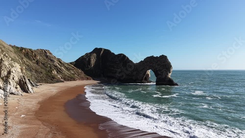 Aerial view of the beautiful Durdle Door Beach in Lulworth. Jurassic Coast and Durdle Door in Dorset. Durdle Door, Dorset, Jurassic Coast, England, UK