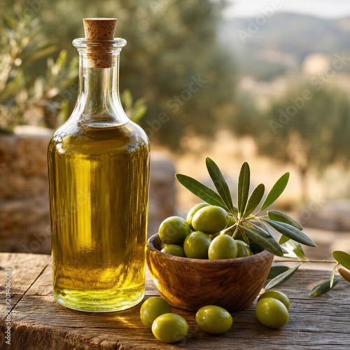Photography Olive oil and fresh green olives