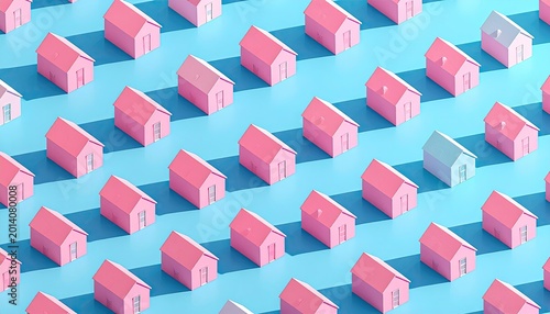 Pink houses pattern, real estate concept, uniform background, shadow. Promotion use