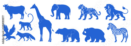 Canvas Print Blue Safari Animal Silhouette Pack, Lion Tiger Elephant Zebra Giraffe Panda Bear