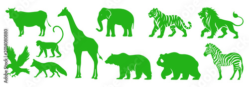 Photography Green Wildlife Animal Icons Set, Lion Tiger Elephant Zebra Giraffe Panda Bear an