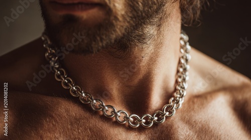 Muscular bearded man wearing silver chain necklace close-up