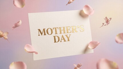 A Mother's Day card with golden text surrounded by delicate pink rose petals floating in a soft pastel background.