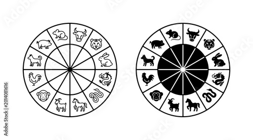 Foto Chinese Zodiac Wheel Icons, Eastern Astrology Symbols, Lunar Calendar Animals, V