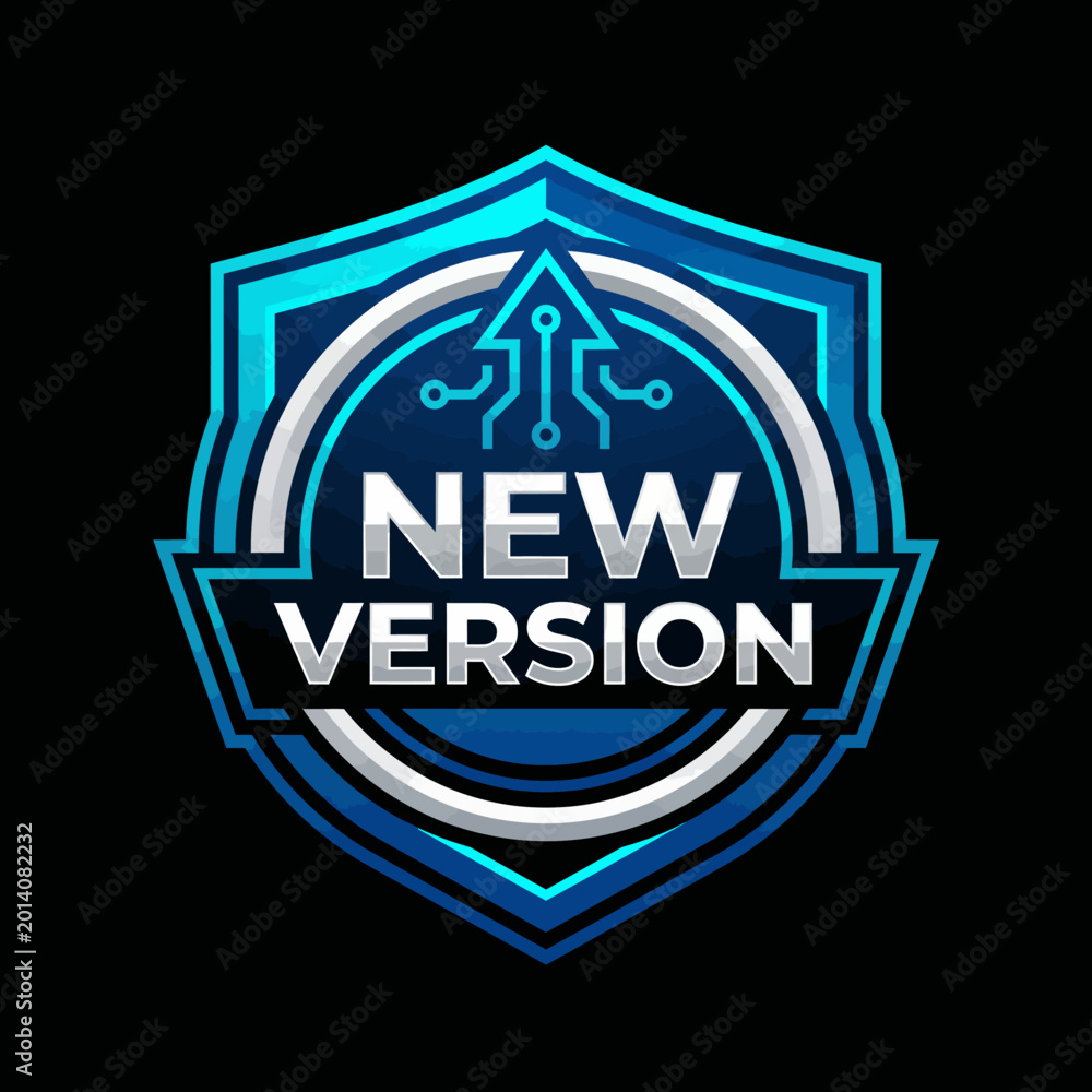 Obraz premium This badge design highlights a new version announcement with tech elements, showcasing innovation, progress, and a modern digital aesthetic with sleek blue and silver tones.