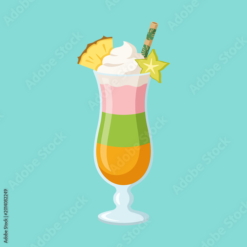 Photos This vibrant illustration depicts a tropical drink with layers of colors and garnishments, evoking summer, relaxation, and enjoyment, ideal for bars or food-related imagery