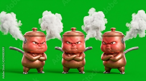 Three Angry Cartoon Teapots Steaming with Furious Expressions on Green Background.