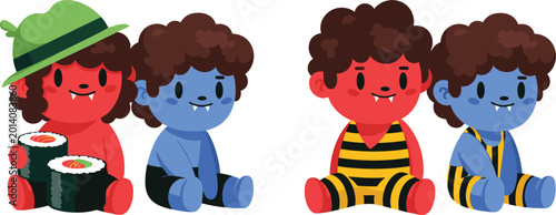 Bild auf Leinwand Cute Setsubun Oni Character Set Featuring Red and Blue Baby Ogres with Ehomaki S