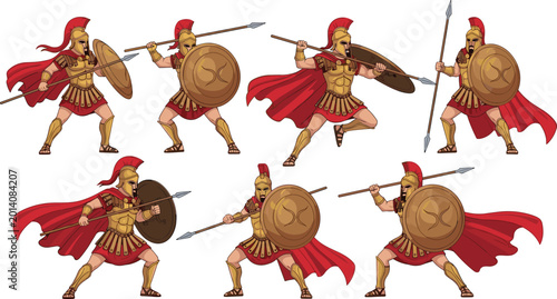 Ancient Greek Spartan Warrior Character Set with Hoplite Soldiers in Golden Armor Red Capes and Shields for History Education Epic Battle Gaming and Classical Mythology Graphic Designs