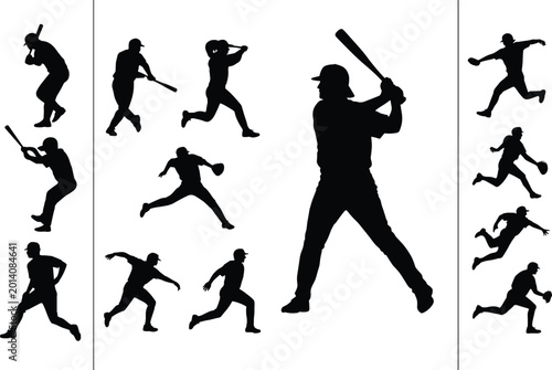 Vászonkép Baseball silhouettes collection, batter stance, pitcher throw, runner motion, fi