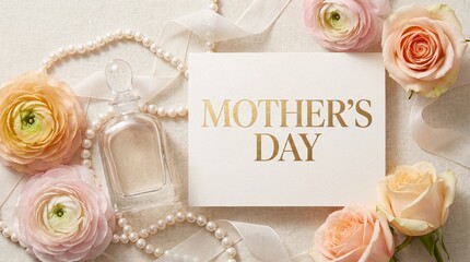 Elegant Mother's Day card surrounded by pastel flowers, pearls, and a perfume bottle on a soft textured background.