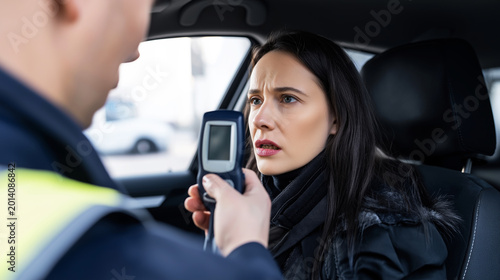 Driver taking a breathalyzer test from a police officer, experiencing stress and anxiety during law enforcement interaction