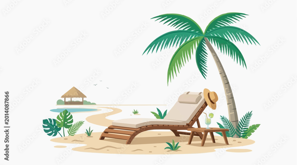 Obraz premium Tropical beach scene with palm tree lounge chair and drink