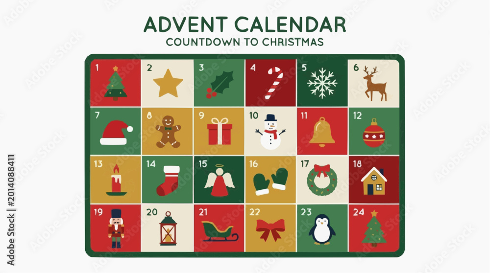 Obraz premium Christmas Advent Calendar Countdown to December 24th with Festive Icons
