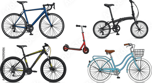 Modern bicycle collection featuring road bike, folding bike, mountain bike, scooter and city bicycle in flat vector illustration style