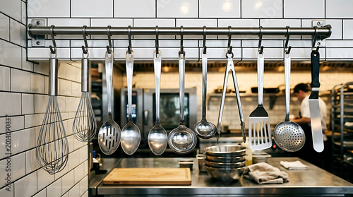 Assortment of Stainless Steel Kitchen Utensils Hanging on a Rack in a Clean Commercial Restaurant Kitchen
