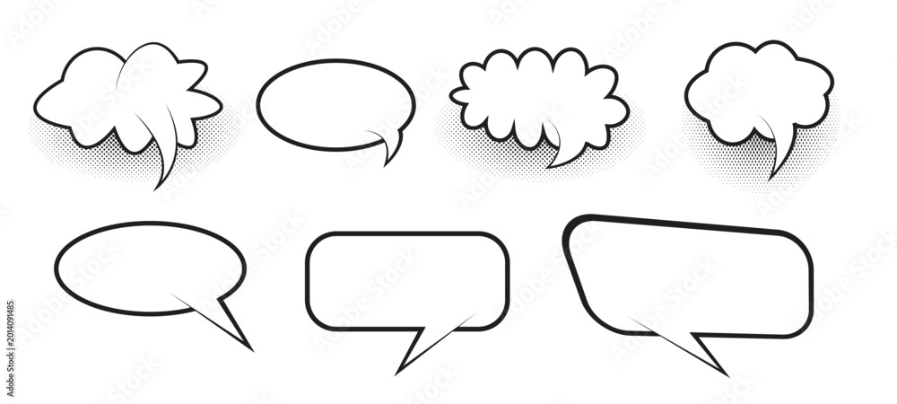 Fototapeta premium Set of retro comic speech bubbles with halftone shadows and various shapes for dialogue, thoughts, and expressive cartoon communication.