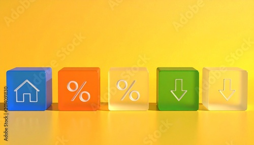 Five translucent cubes in a row on a bright yellow background, each with distinct icons—house, percentage, and downward arrows—symbolizing housing, finance, interest rates, and economic trends.
