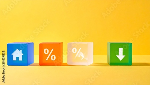 Five translucent cubes in a row on a bright yellow background, each with distinct icons—house, percentage, and downward arrows—symbolizing housing, finance, interest rates, and economic trends.