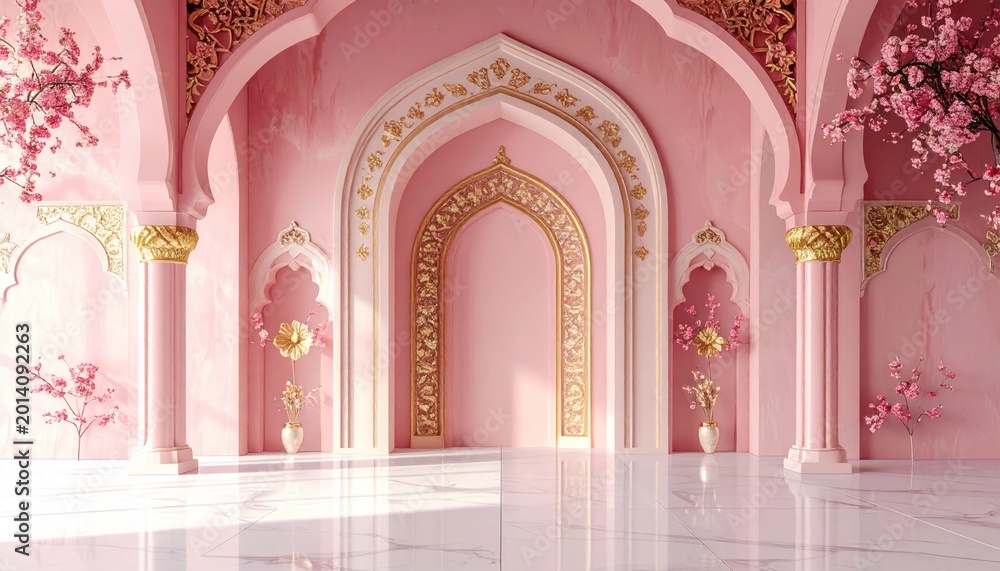 Naklejka premium Pink palace hall with arches, golden ornamentation, blossom trees, and marble floor