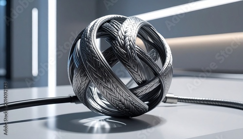 A metallic sphere made of interwoven textured and smooth bands, set against a futuristic background with curved metallic structures and soft lighting, symbolizing industrial design and artistic geomet
