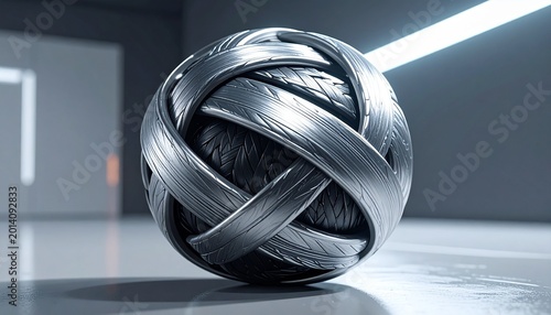 A metallic sphere made of interwoven textured and smooth bands, set against a futuristic background with curved metallic structures and soft lighting, symbolizing industrial design and artistic geomet