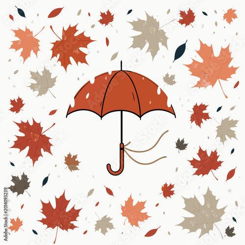 Autumn Embrace: A vibrant scene unfolds with an umbrella amidst a cascade of colorful falling leaves, evoking the essence of a crisp autumn day. 