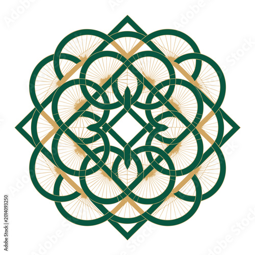 Abstract Bicycle Wheel Mandala: A mesmerizing geometric design composed of intertwined bicycle wheels, forming a unique and visually captivating mandala in hues of green and gold. 