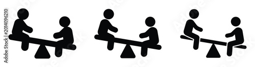 Photos Seesaw playground icon set, children playing on teeter totter, black silhouette