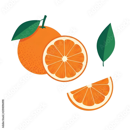 Flat vector orange fruit illustration, fresh citrus with green leaves and slices, minimalist orange fruit elements on white background