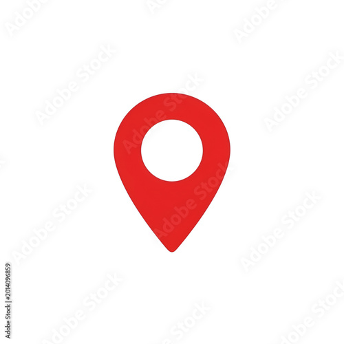 Red map pin icon on white background, minimalist location pointer symbol, navigation marker for digital maps and travel apps
