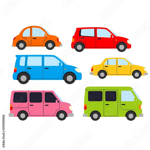 Flat vector car collection, set of 6 colorful urban transport vehicles, cartoon automobile icons for city traffic and logistics design